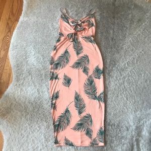 Palm print pink midi dress with tie front